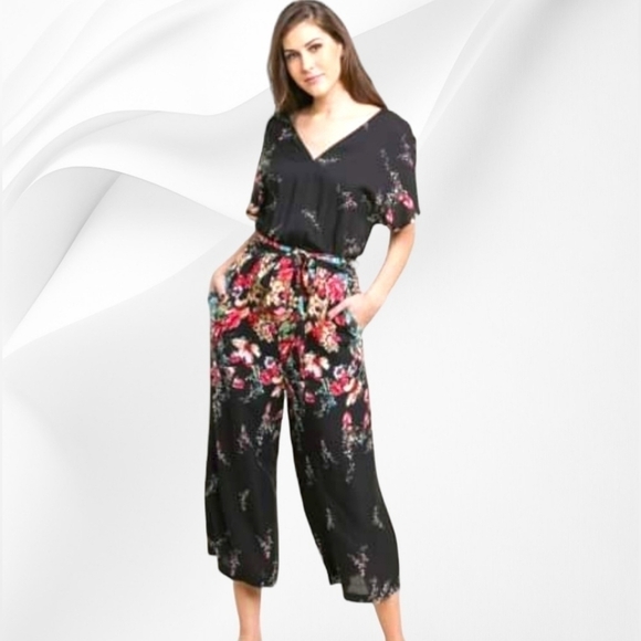 Umgee Pants - UMGEE - Two-Toned Floral Smocked Waist Short Sleeve Jumpsuit